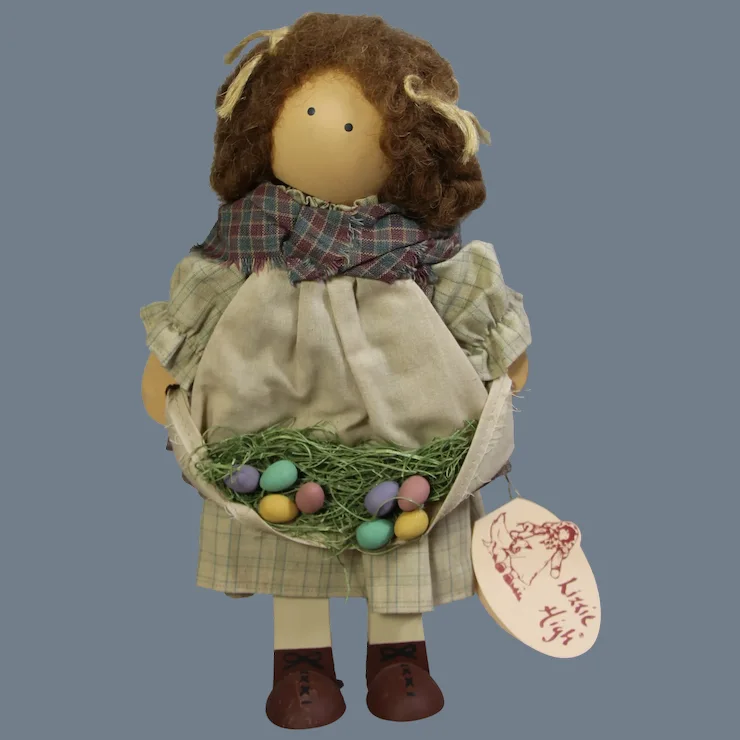 Vintage Lizzie High Folk Art Wood Doll Eveline High Easter Egg Hunt Girl! 1 Vintage Lizzie High Folk Art Wood Doll Eveline High Easter Egg Hunt Girl!